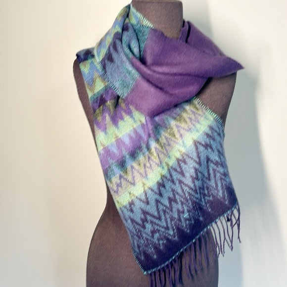 Cashmere Scarf Colorful Zig Zag Fringe - Picture 1 of 7